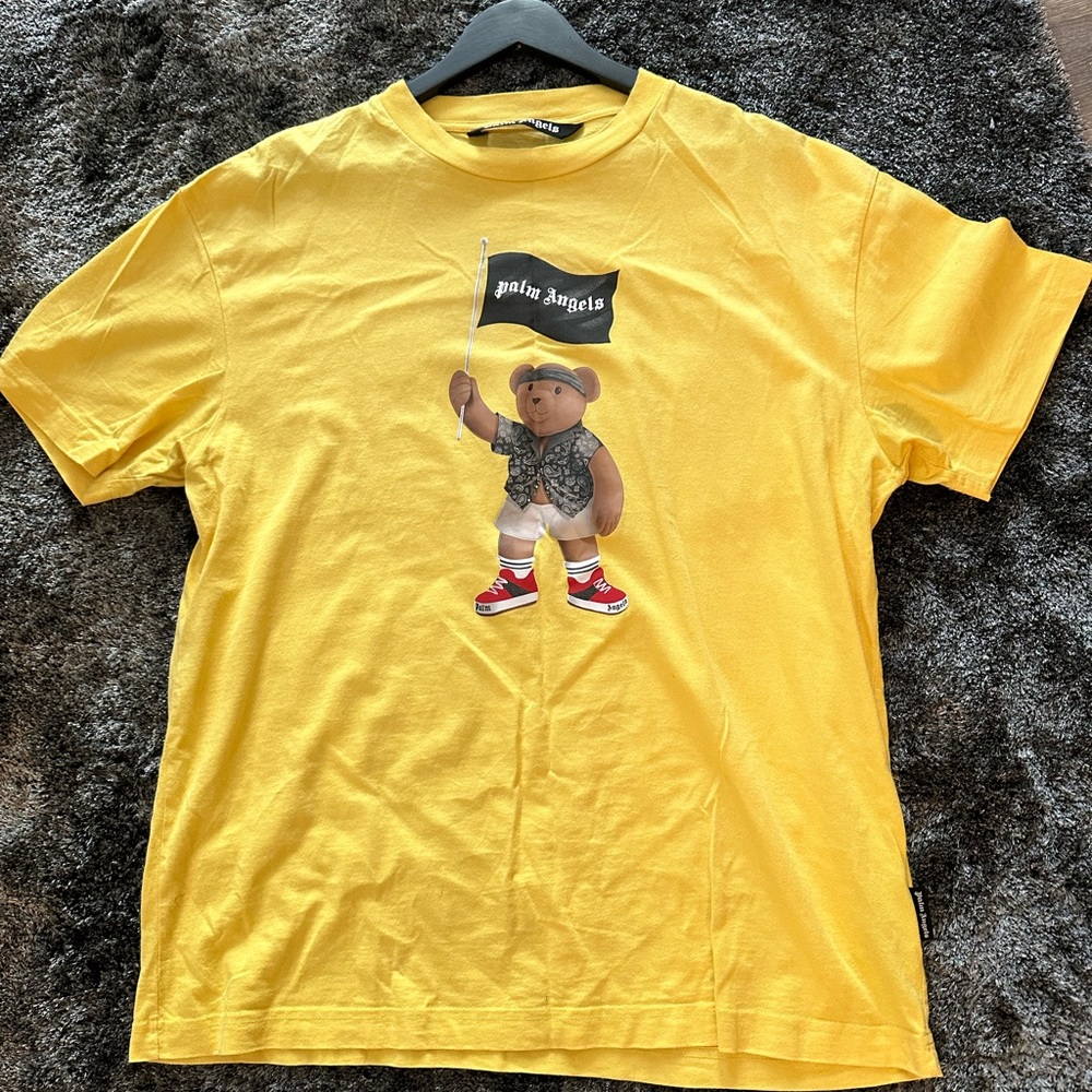 Yellow palm angels shirt teddy bear logo on the front